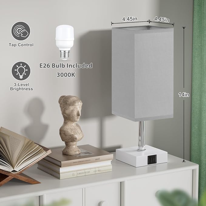 Touch Table Lamp for Bedroom - Dimmable, USB C+A, Grey Lamphade White Base | 3-Way Dimmable, 3000K LED Bulb Included, Square Lampshade, Cute Room Decor for Teen Girls, Kids, Small Lamp for Dorm, Nursery