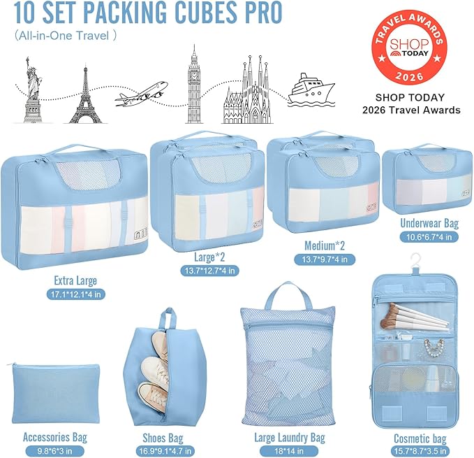 Veken 10 Set Packing Cubes for Travel Essential, Suitcase Organizer Bags in 4 Sizes, Carry-On Luggage Accessories with Large Laundry & Hanging Toiletry Bag, Must-Have for Airplane, Road Trip & Camping