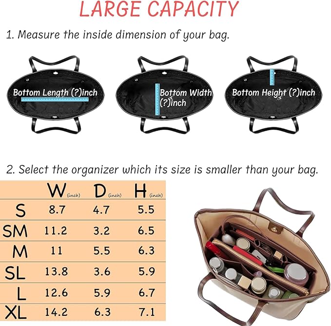 DailyPlus Felt Bag Organizer Insert with Zipper and Key Chain for Tote Purse - Brown Small
