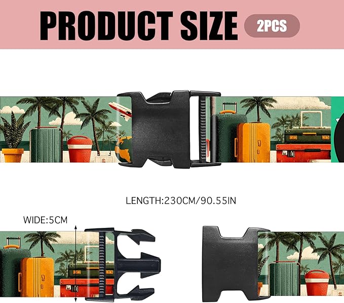 Nuxovilar Luggage Straps of 2 Set Travel Elements Pattern, 1.96x90.5 inches - Luggage Straps for Suitcases, Perfect for Vacation, Beach Trips, Travel Enthusiasts