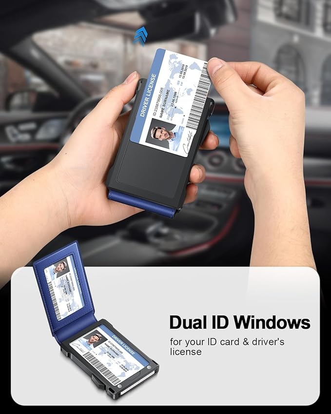 Wallet for Men RFID Wallet with 2 ID Windows & Money Clip, Slim Pop Up Card Holder for 10-12 Cards, Bifold Minimalist Smart Wallet for Front Pocket, Compact Metal Credit Card Holder, Gifts for Men