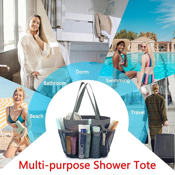 Fammart Mesh Shower Caddy Portable for College Dorm Room Essentials, 8-Pocket Large Shower Basket Tote Bag with 2 Handles for Toiletry, Bathroom, Beach, Camp, Gym