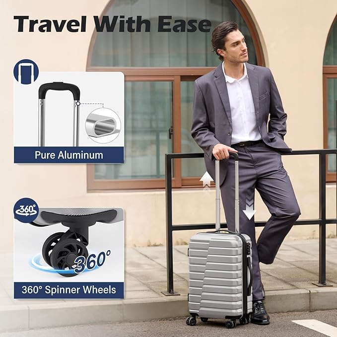 Coolife Luggage Sets, 3 Piece Hard Shell Suitcase Set with Spinner Wheels, Expandable Large Checked Luggage, Lightweight Rolling Carry On with TSA Lock Sliver