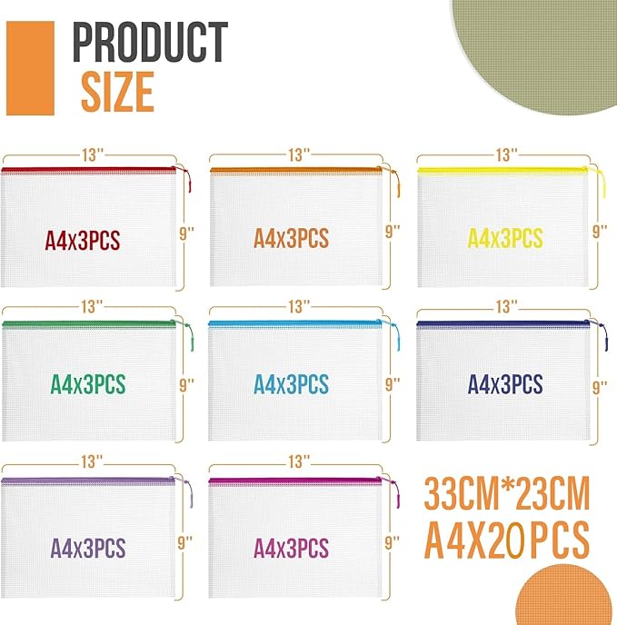 20PCS Mesh Zipper Pouch Bags, A4 13x9 Inches Waterproof Mesh Bags with Zipper, Plastic Zipper Pouch for Organizing, Mesh Bag for Travel Storage, 8 Colors Assortment