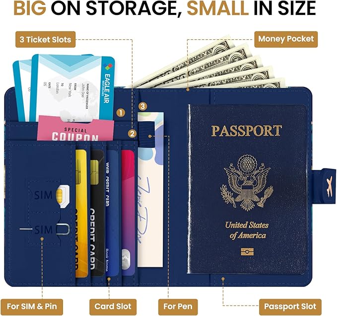 Passport Holder for Travel Essentials, RFID Blocking Leather Cover Wallet with Magnetic Closure, Aesthetic & Cute Passport Book Case for Women and Men - Grace