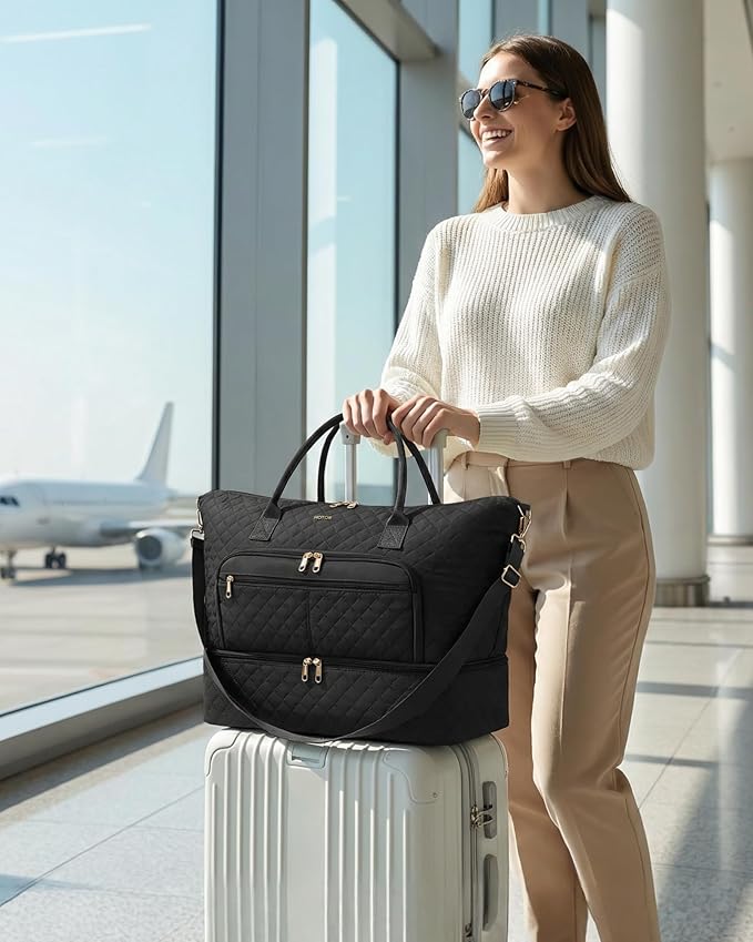 HOTOR Travel Duffle Bag for Women - Carry on Bag with Toiletry Pouch & Shoe Compartment, Large Overnight Weekender Bags for Gym, Business Trips, Sports and Hospital, Black, 17.3" x 7.9" x 13.4"