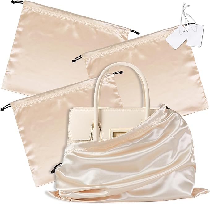 Vonty 3 Pack Silky Dust Bags for Shoes and Purses, Satin Drawstring Bag for HandBags Boots - Beige Shoe Bag Silk Dust Cover Bag Protector Travel Storage Pouch(23.6 x 19.6 In)