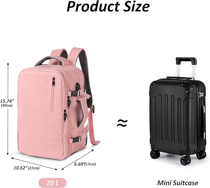 TANTOMI Small Travel Backpack for Women, 15.6 Inch Laptop Backpack Flight Approved, Carry-On Bags with USB Charging Port & Shoe Pouch, Casual Daypack on Airplane for Weekender Work Business, Pink