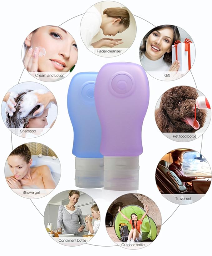 4 Pack Sucker type Portable Food Grade Squeeze Silicone Liquid Travel Bottles TSA Approved For Shampoo, Conditioner, Lotion, Toiletries, Food condiment(1OZ,White+Blue+Green+Pink)