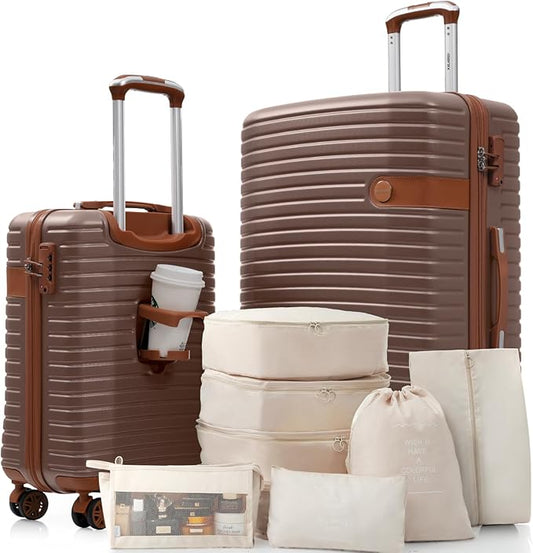 Merax Hardshell Luggage Set with TSA Lock, 20-Inch Airline Approved Carry-On with Cup Holder, 28" Checked Suitcase, Lightweight Spinner Luggage for Travel (Brwon, 20/28)