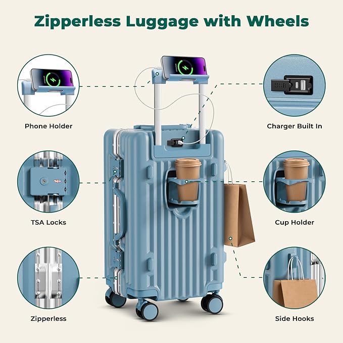 20 Inch Carry On Luggage, Aluminum Frame Zipperless Luggage, Hard Shell Suitcase with Charging Port, Cup Holder, TSA Lock, Phone Holder for Travel and Business Travel