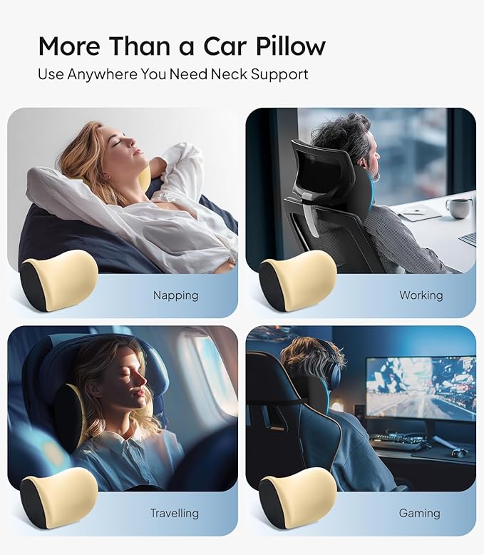 Wigoo 2026 Car Neck Pillow [No More Pressure, Odorless] Soft Car Headrest Pillow with Adjustable Strap Removable Cover 100% Memory Foam, Fits All Vehicles (Beige 2-Pack)