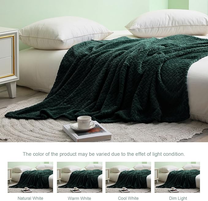 Exclusivo Mezcla Fleece Twin Size Blanket for Bed, 90x66 Inches Soft Cozy Jacquard Flannel Blankets, Lightweight Fuzzy Plush Warm for Women, Forest Green