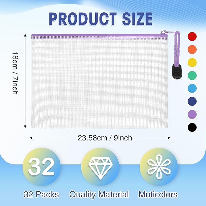 Jetec 32 Pcs Mesh Zipper Bags Toy Storage Bikini Organizer Bag Bolsas Para Guardar Trajes De Bano Waterproof Zipper Reusable Pouch Puzzle Multipurpose for Storage Office(Sweet Color,9 x 7 Inch)