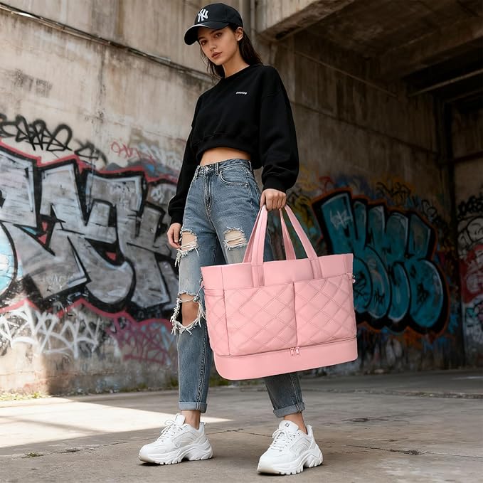 Weekender Bag for Women Men, Large Overnight Bag Faux Leather Travel Duffel Bag with Shoe Compartment Toiletry Packing Cube Carry On Bag Fit 21" Laptop 3Pcs Set (2PCS Pink)