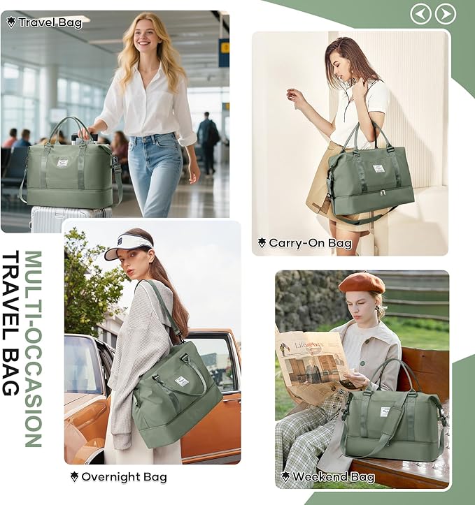 Overnight Weekender Bags for Women,Vacuum Travel Duffel Bag with Air Pump, Personal Item Travel Bag with Shoes Compartment & Compression Pocket,Olive Green