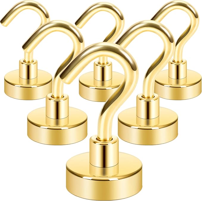 Neosmuk Magnetic Hooks,Heavy Duty Earth Magnets with Hook for Refrigerator, Extra Strong Cruise Hook for Hanging, Magnetic Hanger for Cabins, Grill (Gold, 6 Pack)