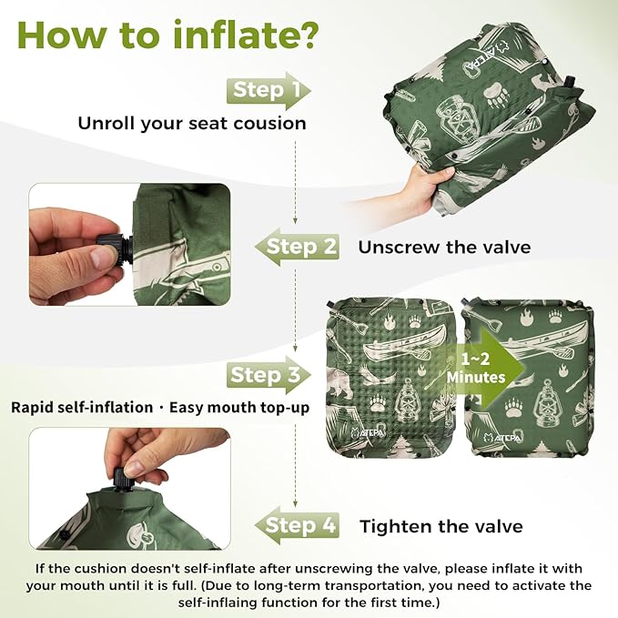 ATEPA Inflatable Seat Cushion, Self-Inflating Portable Stadium Airplane Travel Foam Cushion Pad for Camping, Sports Events, Outdoor
