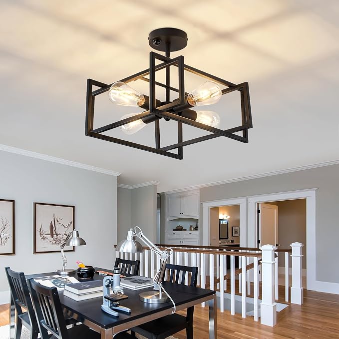 ZGLAOJT Motion Sensor Ceiling Light Fixture 4-Lights Semi Flush Mount Ceiling Light Black Industrial Indoor Chandelier for Kitchen Living Room Bedroom Farmhouse Hallway Foyer