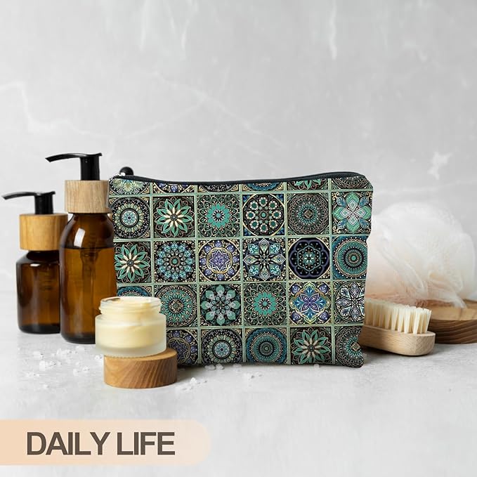 Vintage Boho Mandala Floral Makeup Bag, Ethnic Moroccan Mexican Talavera Tile Cosmetic Bags for Women, Mexican Gifts for Women, Traditional Green Block Print Zipper Makeup Pouch