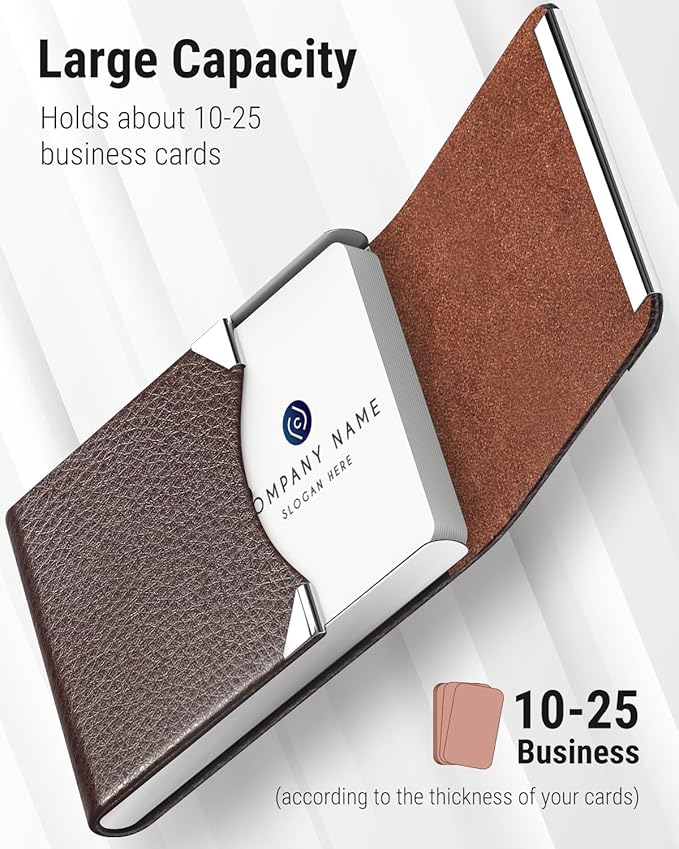 MaxGear Business Card Holder, Slim PU Leather & Stainless Steel Business Card Case for Men & Women, RFID Blocking Name Card Holder with Magnetic Closure, Coffee