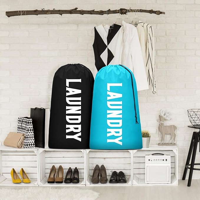 2 Pack XL Travel Laundry Bag, Machine Washable Dirty Clothes Organizer, Large Enough to Hold 4 Loads of Laundry, Easy Fit a Laundry Hamper or Basket (Blue + Black, 24" x 36")