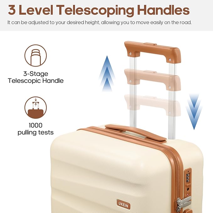 UKEIN Luggage Set with Backpack,Polycarbonate Carry On Luggage Airline Approved with Spinner Wheels, Hardshell Travel Suitcase Set with TSA Lock (Beige, Carry on (20inch))