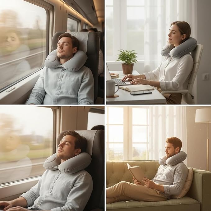 Portable Inflatable Neck Pillow for Travel - Quick-Inflate Airplane Pillow, Compact Adjustable Support for Flights Cars Trains