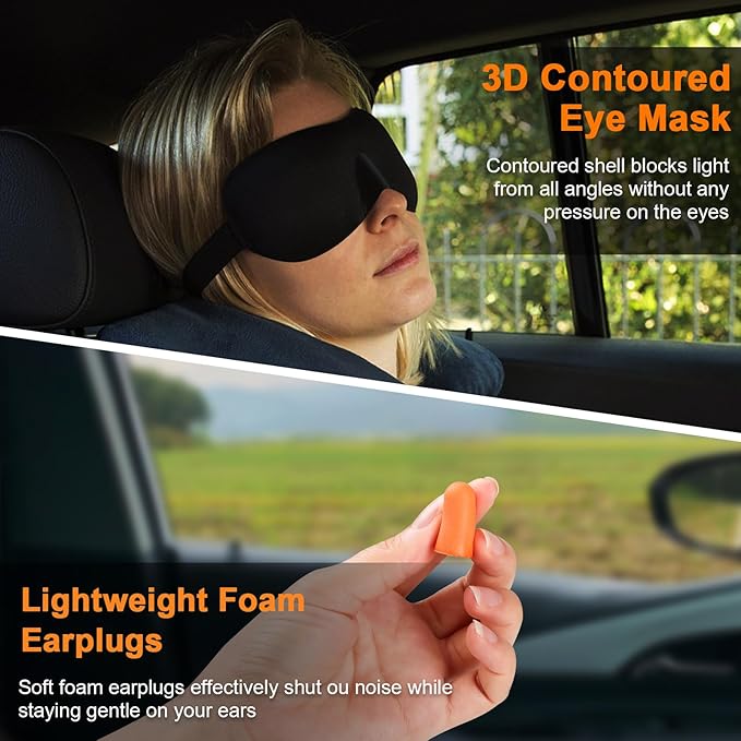 Travel Pillow - Hooded Neck Pillow Airplane Memory Foam Filling for Plane, Office, Cars Sleeping, Road Trip, Long Flights, Portable Plane Accessories, Includes Eye Mask & Earplugs (Green)