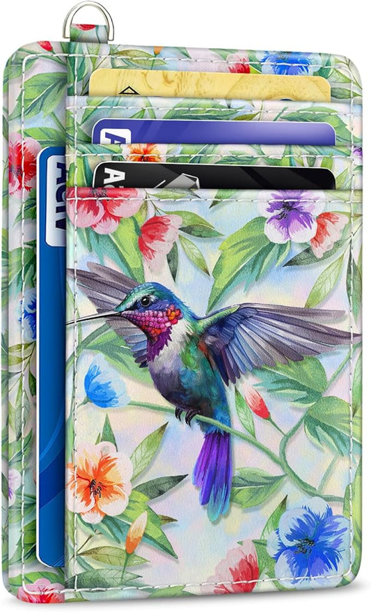 Yonlevres Credit Card Holder Slim Wallet, Hummingbird RFID Wallet Women Front Pocket Small Card Holder, Travel Funny Cute Thin Card Case ID Window PU Leather RFID Blocking Card Organizer Gifts Girls
