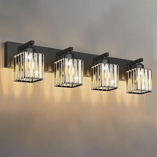 Black Crystal Bathroom Vanity Light, 4-Light Modern Bathroom Lighting Fixtures Over Mirror, Matte Black Wall Sconce Light Fixtures with Square Shade