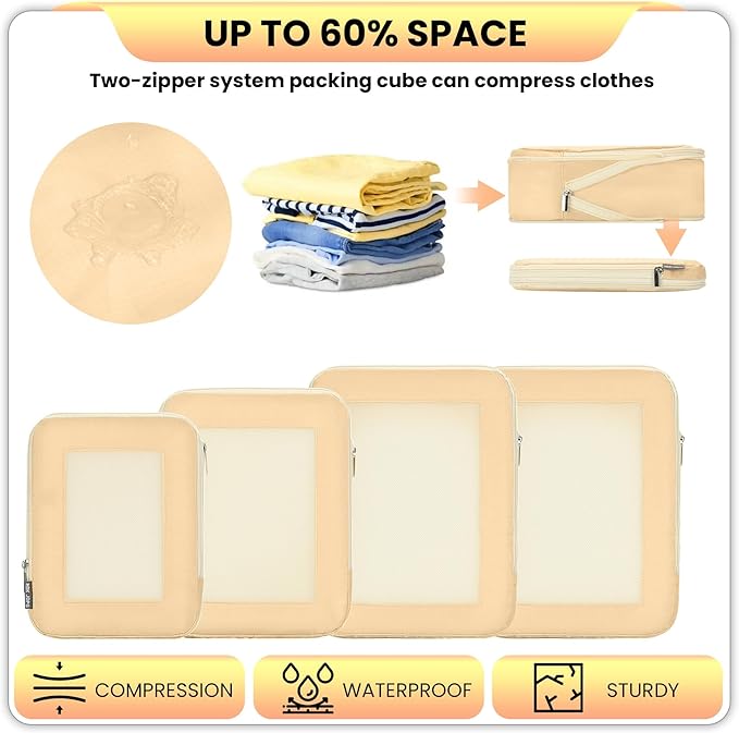 Small Compression Packing Cubes 4-Piece Set - Space Saving Travel Organizer Bags for Carry-On Luggage, Compressible Mesh Packing Cubes for Travel Women Ultralight