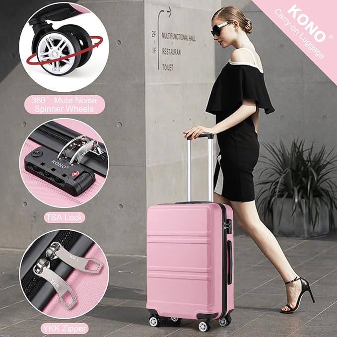 Kono 3 Piece Luggage Sets Expandable(only 28") with Spinner Wheels TSA Lock Lightweight PC+ABS Hardside Travel Rolling Suitcases 20in 24in 28in Carry on Pink