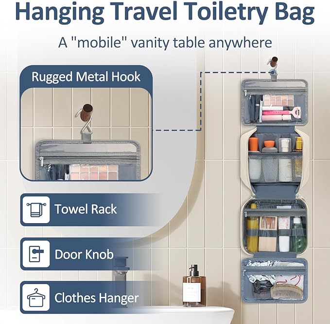 Travel Toiletry Bag for Women with Hanging Hook, Waterproof TSA Approved Cometic Toiletry Bag Organizers Leakproof Make up Bags for Women Beige