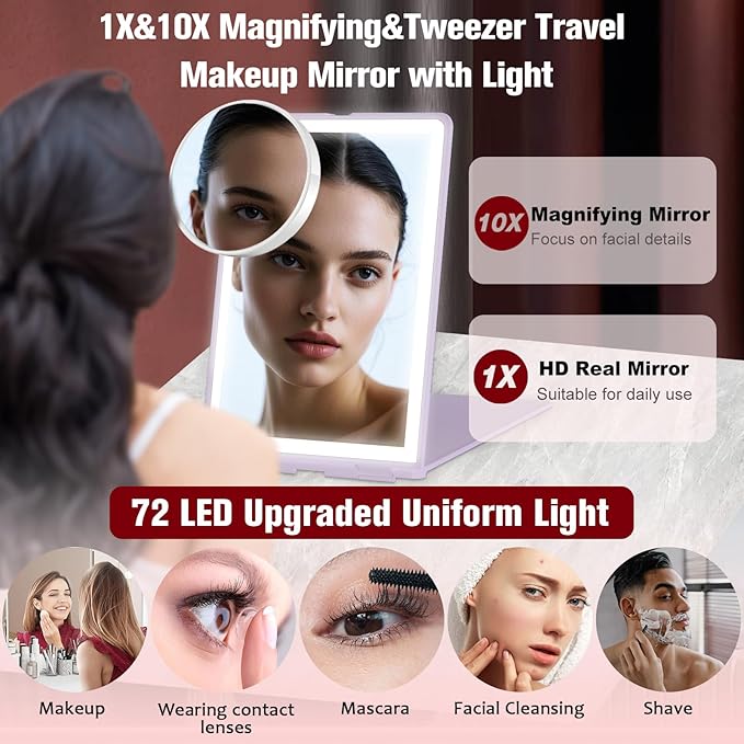 Travel Makeup Mirror with Lights Valentines Day Gifts for Her, Girlfriend, Wife, Birthday Gifts Rechargeable Portable Folding Compact LED Mirror Set with Tweezer 3 Color Light Modes-Purple