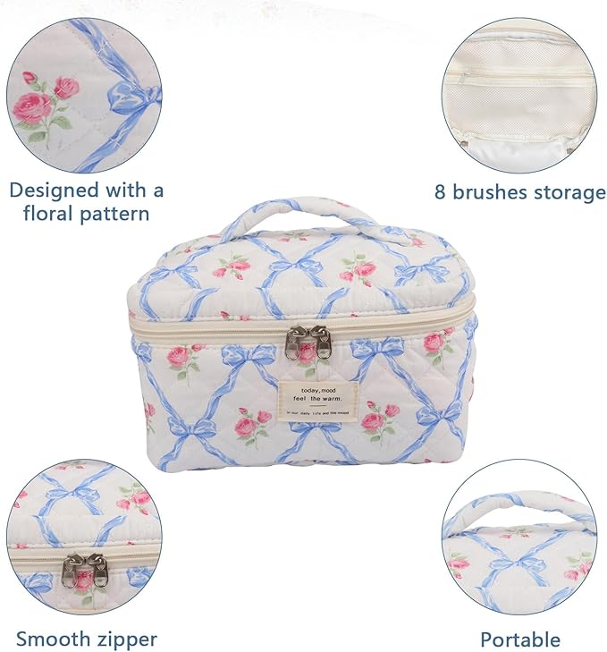 Large Makeup Bag, Cute Cosmetic Bag for Women Girls, Floral Coquette Aesthetic Toiletry Bag, Travel Make Up Organizer Bag (Blue Butterfly)