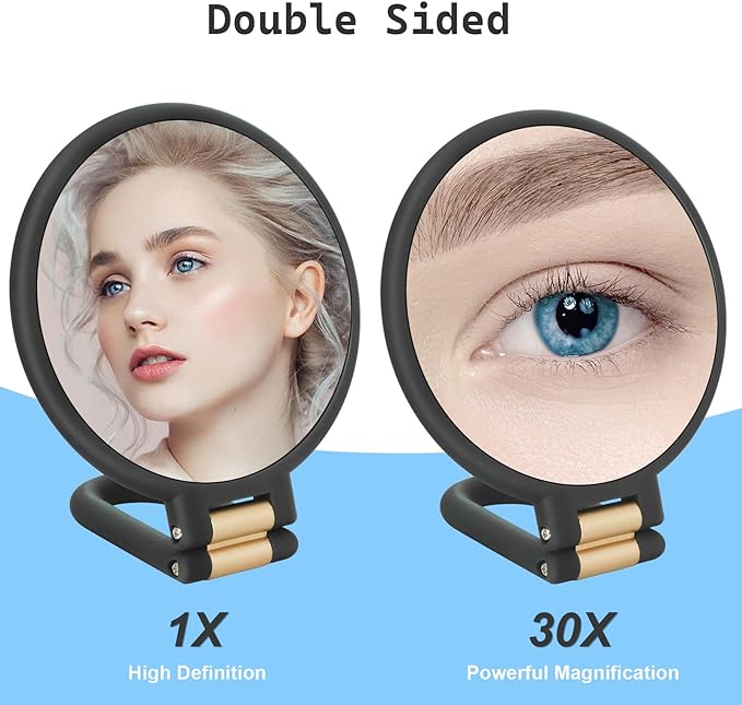 Sifolo 30x Magnifying Mirror, Travel Hand Mirrors with Handle - Double Side Handheld Mirror with 1X 30X Magnification & Adjustable Handle/Stand, Hand Held Foldable Travel Mirror for Makeup(Black)