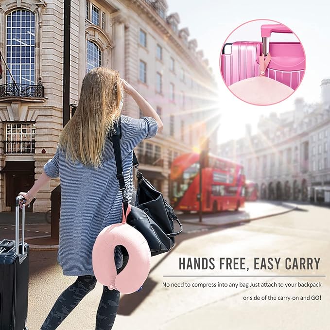 Fabuday Memory Foam Neck Pillows for Travel - Airplane Pillows for Sleeping with Attachable Snap Strap Soft Washable Cover, Flight Pillow for Traveling, Car, Office, Provide Head Neck Support Pink