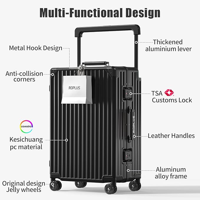 Aluminium Frame Checked-Luggage with Smooth Jelly Wheels, Hardside Zipperless Rolling Suitcase with TSA Lock (Pure Black, 24-Inch)