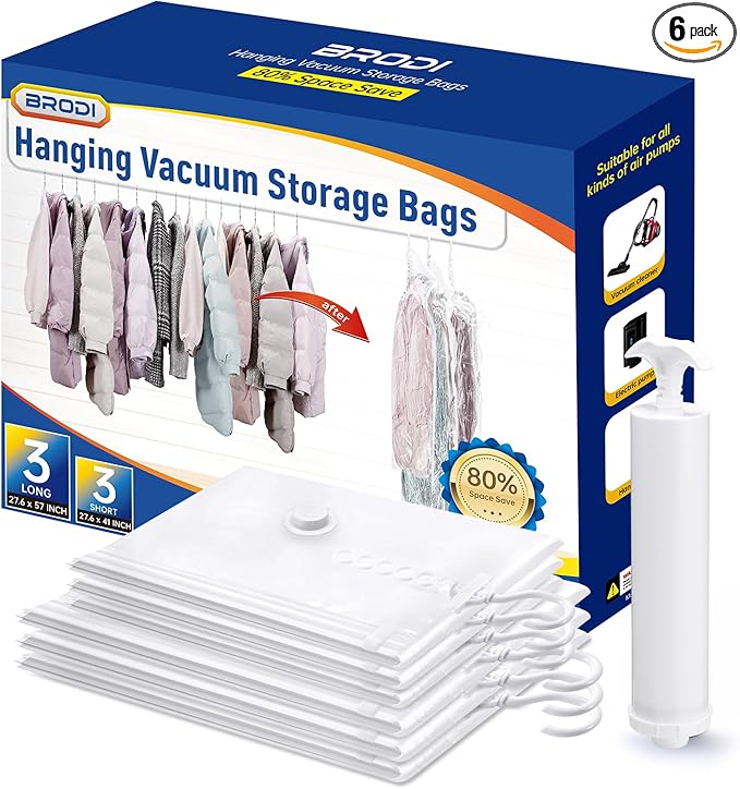 Hanging Vacuum Storage Bags For Clothes With Hand Pump,Coat Storage Bag Hanging,Vacuum Bags For Clothes,Space Saver Vacuum Storage Bags,Garment, Clothing, Dress, Suit, Long Coat, Jacket(Combo 6 Pack)