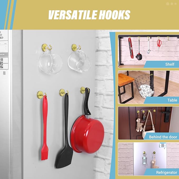 Neosmuk Magnetic Hooks Heavy Duty,Strong Magnet with Hook for Fridge, Super Neodymium Extra Strength Industrial Hooks for Hanging, Magnetic Hanger for Toolbox, Cruise, Grill(Gold,6 Pack)