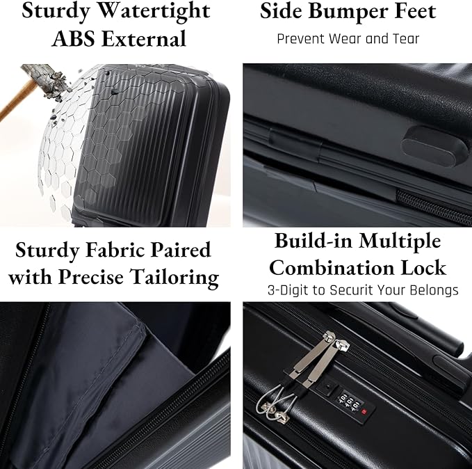 2 Pcs ABS Spinner Luggage Set - 14" Cosmetic Case & 20" Carry-On with Combination Lock, Front Opening Design, Black