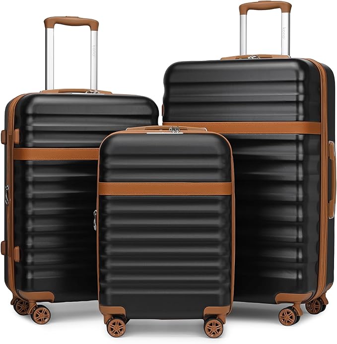 Kono Luggage Set 3 Pieces Expandable PC ABS Durable Suitcase Hardside with Double Spinner Wheels Tsa Lock Black Brown(20in/24in/28in)
