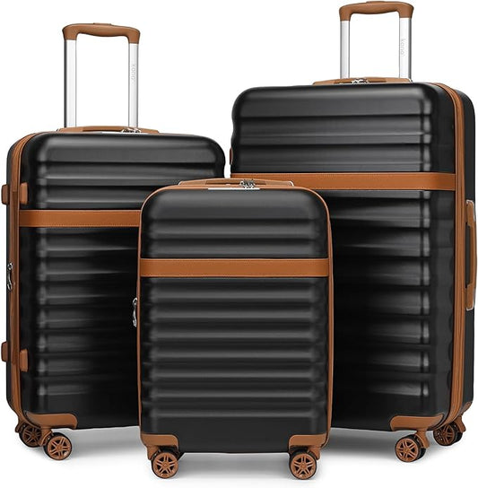 Kono Luggage Set 3 Pieces Expandable PC ABS Durable Suitcase Hardside with Double Spinner Wheels Tsa Lock Black Brown(20in/24in/28in)