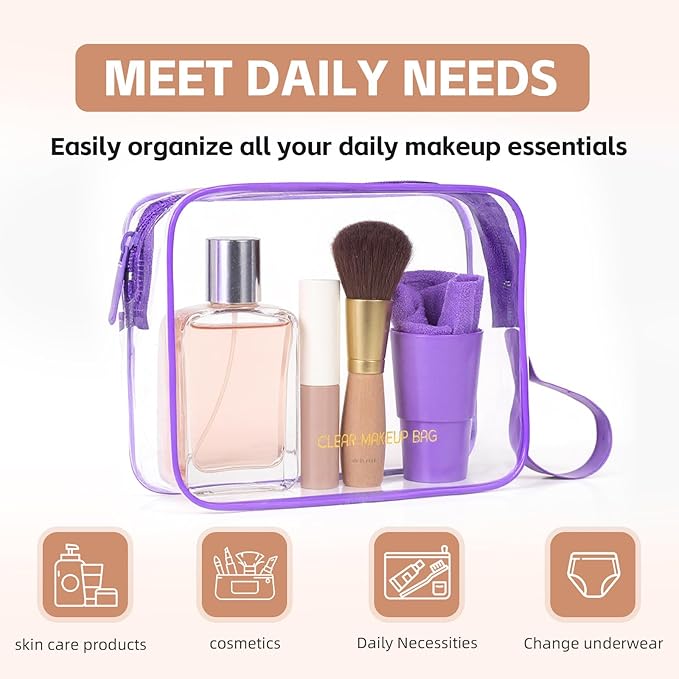 Clear Makeup Bag,2 Pack TSA Approved Toiletry Bag Travel Toiletry Bag Hanging Makeup Cosmetic bag for Women Men (Purple)