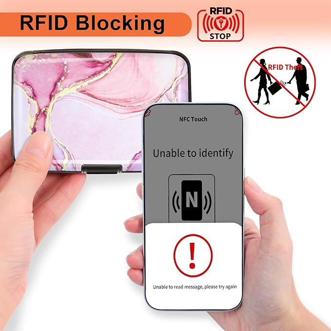 Mayski Credit Card Holder, RFID Blocking, Aluminum Alloy Hard Case, Small Mini Business Metal Wallet for Women Men, Pink Marble
