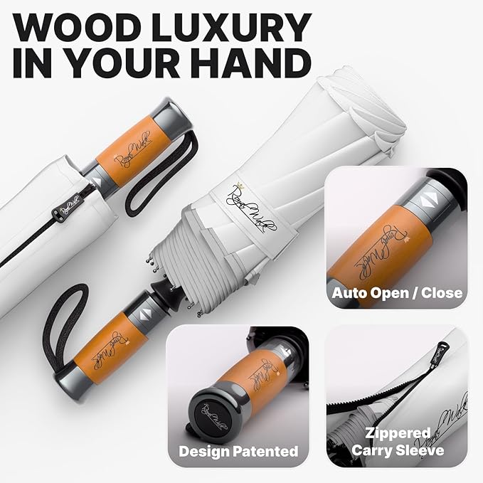 Royal Walk Windproof Folding Travel Umbrella Compact and Strong Luxurious Real Wood Handle Automatic Open Close Vented Double Canopy for Men and Women (White)
