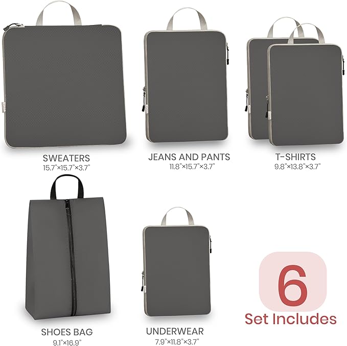 Compression Packing Cubes for Travel, Set of 6 Expandable Luggage Organizers with Shoe Bag, Lightweight Water-Resistant Suitcase Essentials for Carry-on & Checked Luggage, Grey
