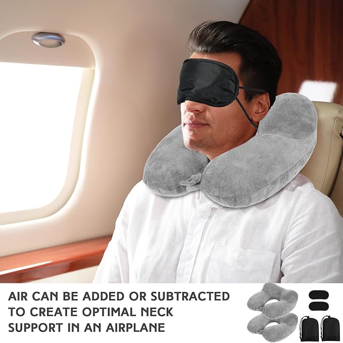 Sintuff 2 Pack Inflatable Travel Pillow for Airplanes Inflatable Neck Flight Pillows with Compact Bag and Blindfold for Traveling, Airplane, Train, Car, Office(Gray)