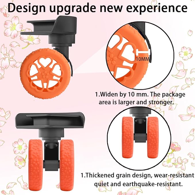Luggage Wheel Protector, 8PCS Sakura Love Design - Premium Silicone Protectors for 2-2.4" Spinner Wheels Anti-Slip, Ultra-Quiet & Wear-Resistant Travel Accessories (Orange)
